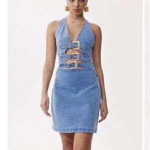 Denim Buckle Halter Mini Dress - Light Blue